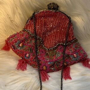 Vintage Beaded Pink Tassel Evening Bag with Chain Strap